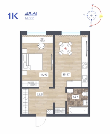 Планировка 1-комн 45,61, 45,69 м²