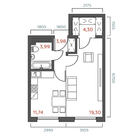 Планировка 1-комн 43,31 м²