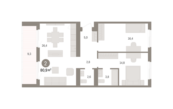 Планировка 2-комн 80,92 м²