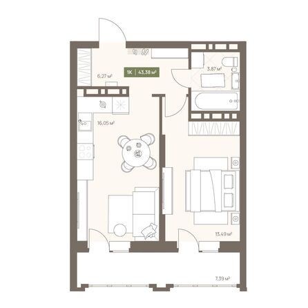 Планировка 1-комн 43,38 м²