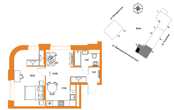 Планировка 1-комн 45,98 м²