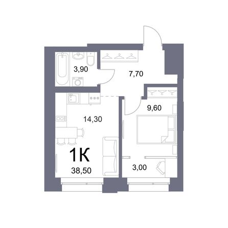 Планировка 1-комн 38,5 м²