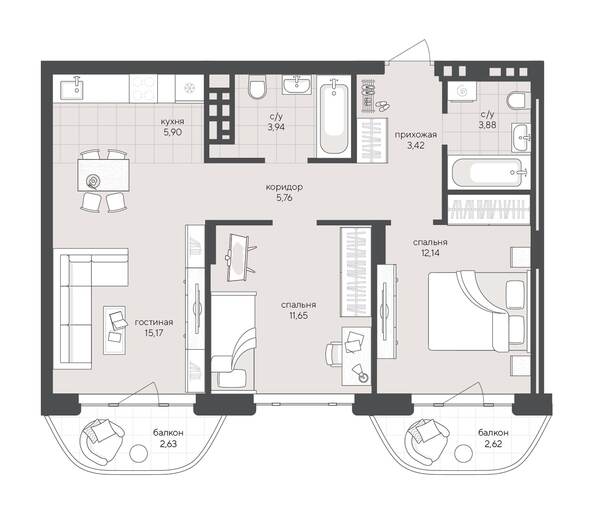 Планировка 2-комн 67,1 м²