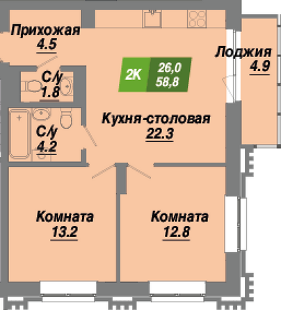 Планировка 2-комн 58,8 м²