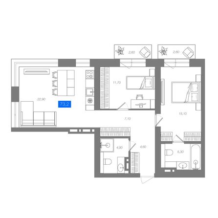 Планировка 2-комн 73,2 м²