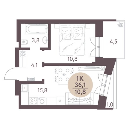 Планировка 1-комн 36,1 м²