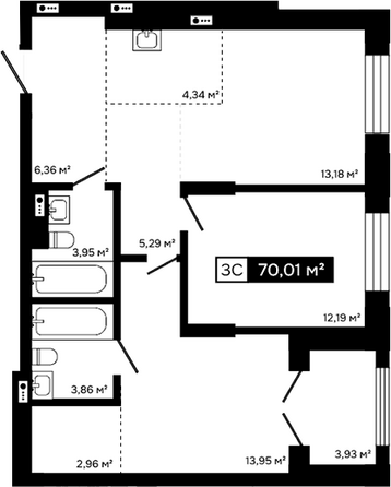 Планировка 2-комн 66,08, 66,19 м²