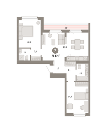 Планировка 2-комн 76,5, 76,6 м²