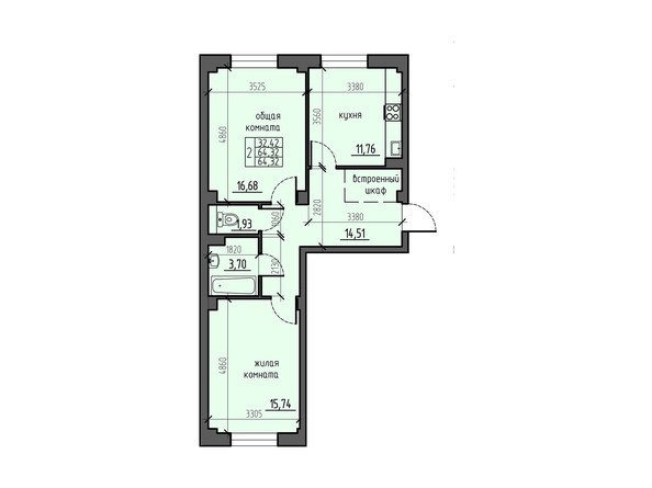 Планировка двухкомнатной квартиры 64,32 кв.м