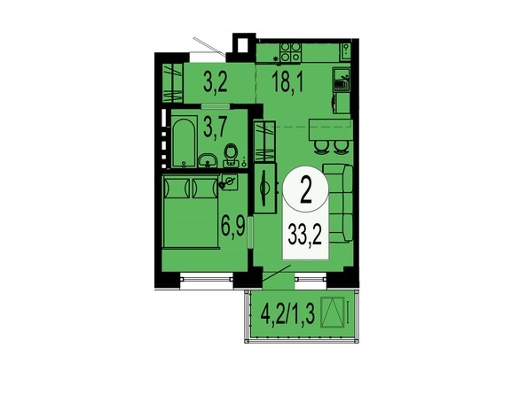 Планировка двухкомнатной квартиры 33,2 кв.м