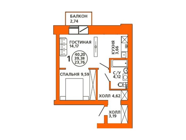 Планировка 1-комнатной квартиры 40,2 кв.м