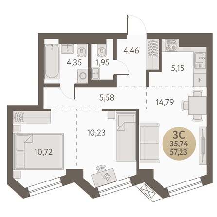 Планировка 3-комн 57,23 м²