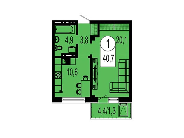 Планировка однокомнатной квартиры 40,7 кв.м
