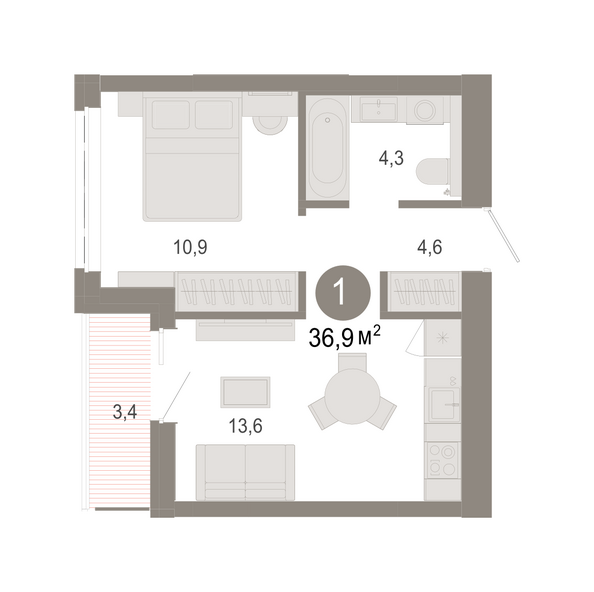 Планировка 1-комн 36,87, 36,96 м²