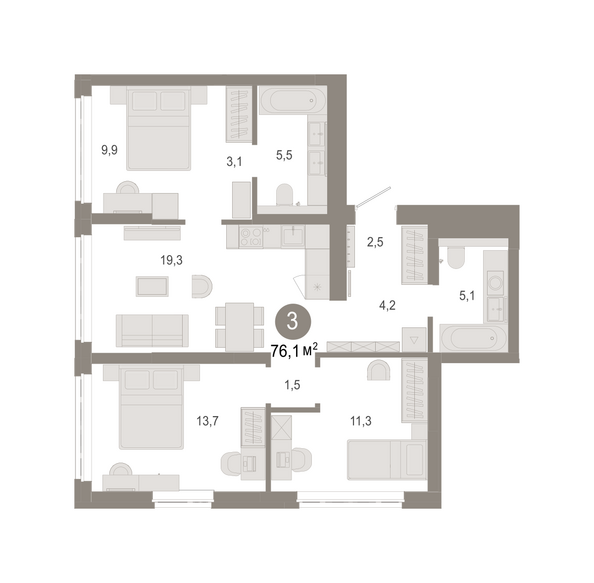 Планировка 3-комн 76,12 м²