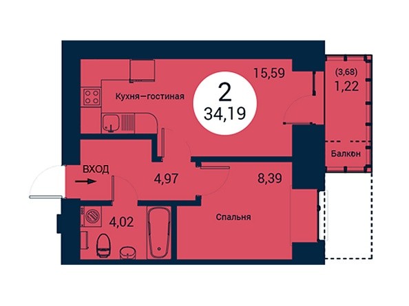 Планировка двухкомнатной квартиры 34,19 кв.м