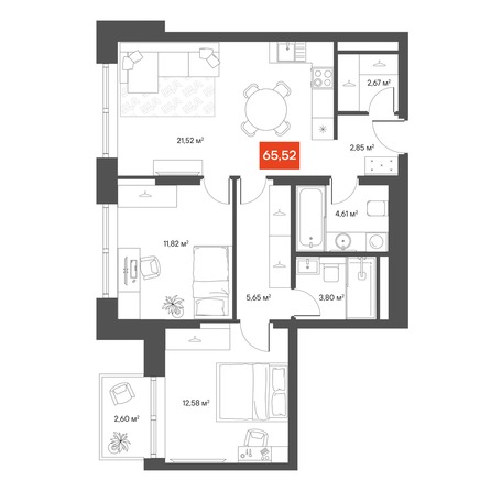 Планировка 2-комн 63,5 м²