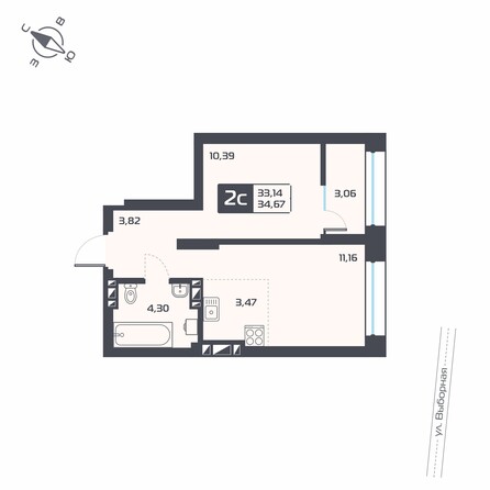 Планировка 2-комн 34,67 м²