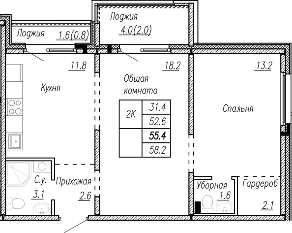 Планировка 2-комн 55,4 м²