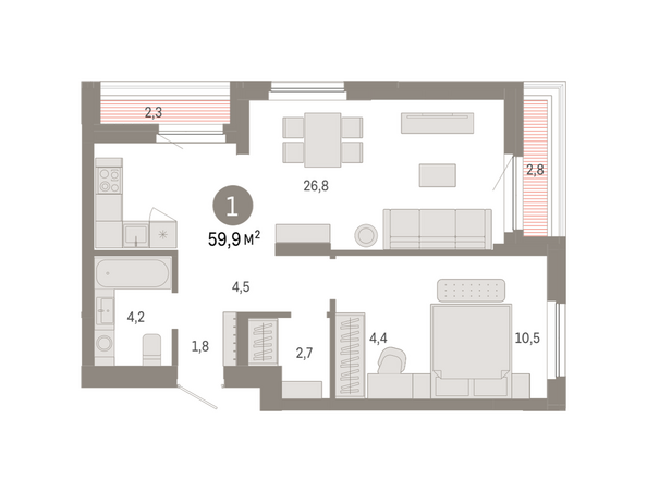 Планировка 1-комн 59,94 м²