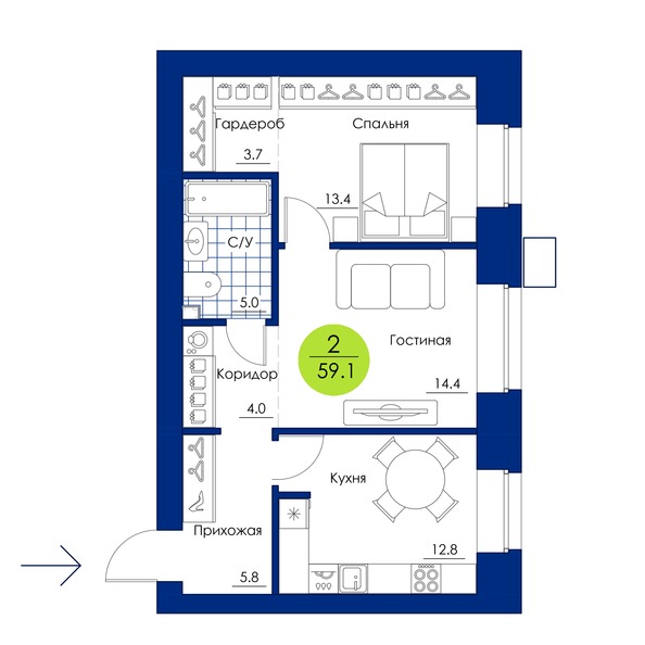 Планировка 2-комн 59,1 м²