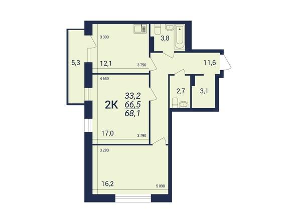 Планировка 2-комнатной квартиры 68,1 кв.м