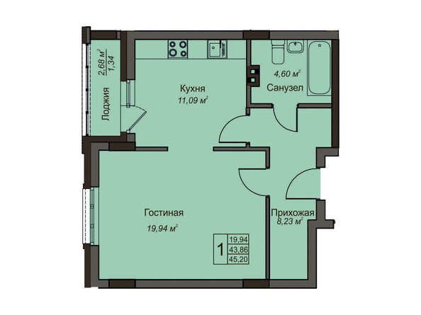 1-комнатная 45,2 кв.м
