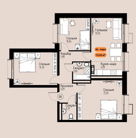Планировка 4-комн 73,92 м²