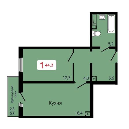 Планировка 1-комн 44,3 м²
