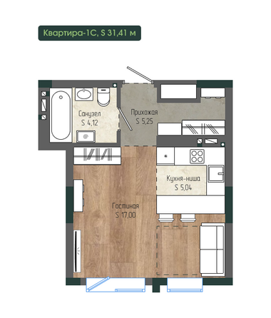 Планировка 1-комн 31,41 м²