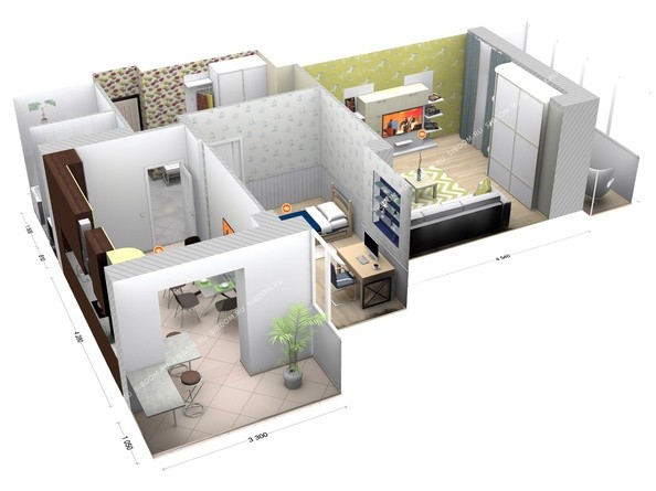 3d-макет 2-комнатной квартиры 62,53 кв.м