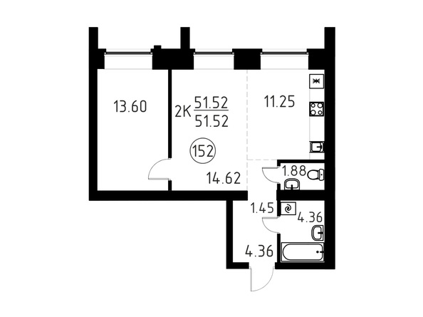 Планировка 2-комн 51,52 м²