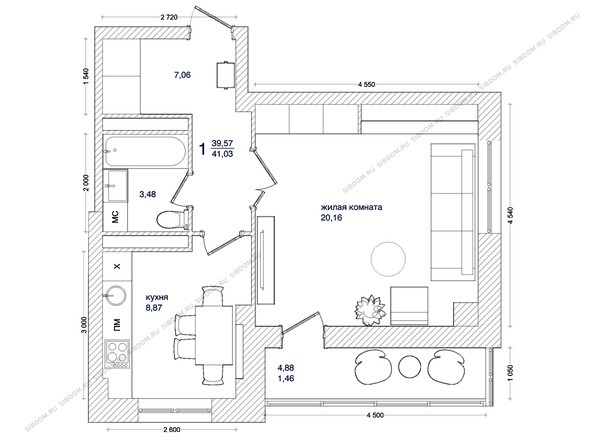Планировка 1-комнатной квартиры 41,03 кв.м