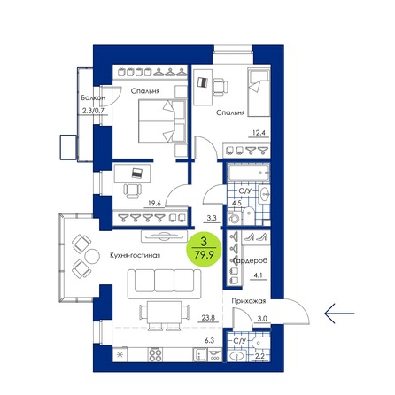 Планировка 3-комн 79,9 м²