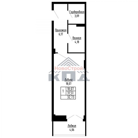 Планировка 1-комн 33, 34 м²