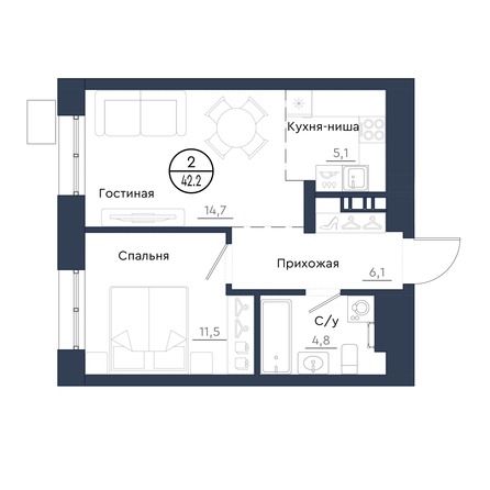Планировка 2-комн 42,2 м²