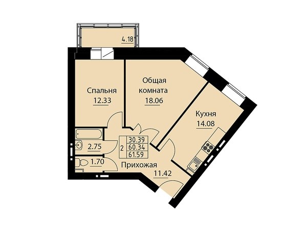 Планировка двухкомнатной квартиры 61,59 кв.м