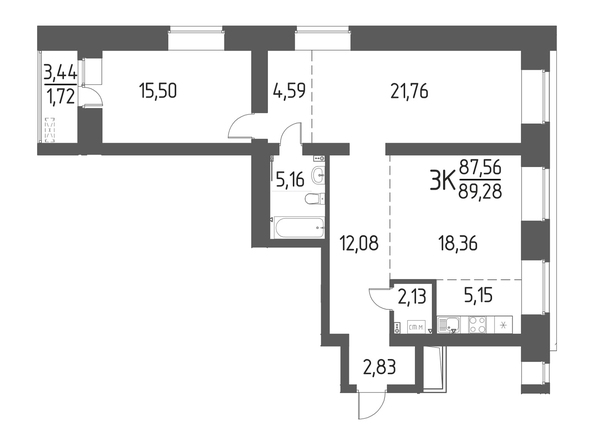 Планировка 3-комн 89,28 м²