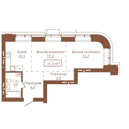 Планировка 2-комн 51,5 м²
