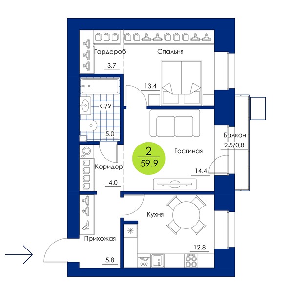 Планировка 2-комн 59,9 м²