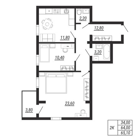 Планировка 2-комн 65,1 м²