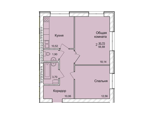 Планировка двухкомнатной квартиры 56,88 кв.м