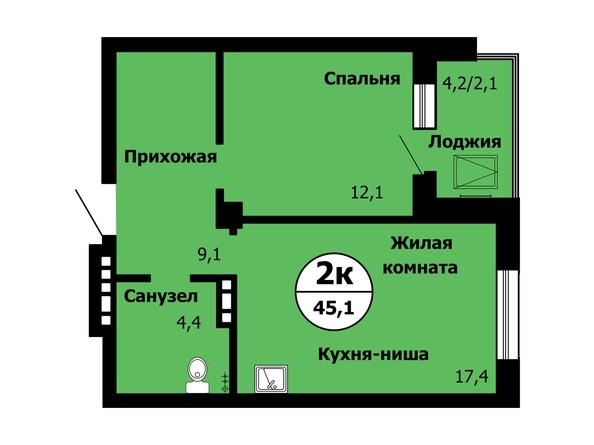 Планировка 2-комн 45,1 - 46,1 м²