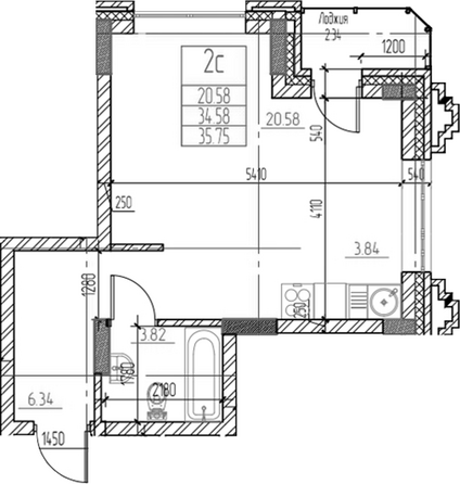 Планировка Студия 34,58, 34,63 м²