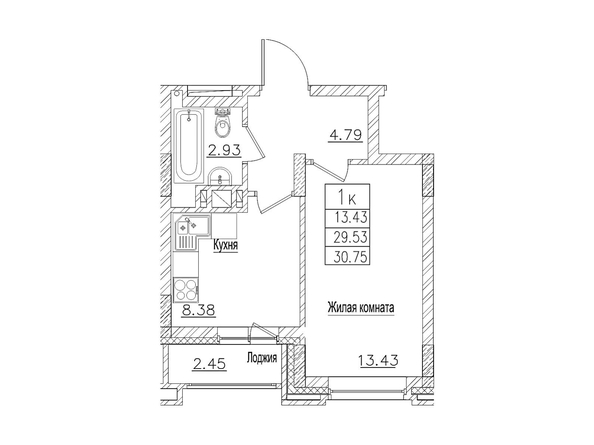 Планировка 1-комн 29,5, 30,75 м²