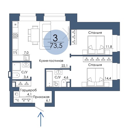 Планировка 3-комн 73,5 м²