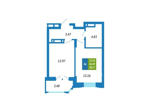 Планировка 1-комнатной квартиры 38,17 кв.м