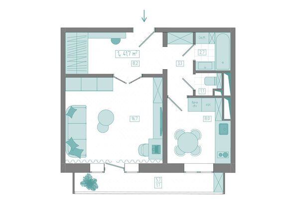 Планировка 1-комн 41,7 м²