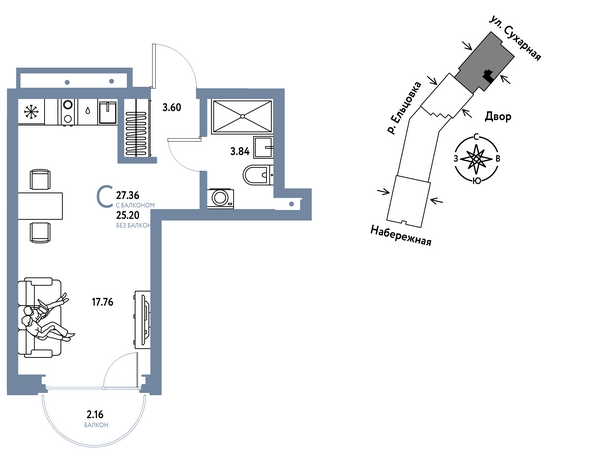 Планировка Студия 27,36 м²