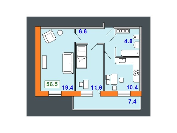 Планировка двухкомнатной квартиры 56,5 кв.м
